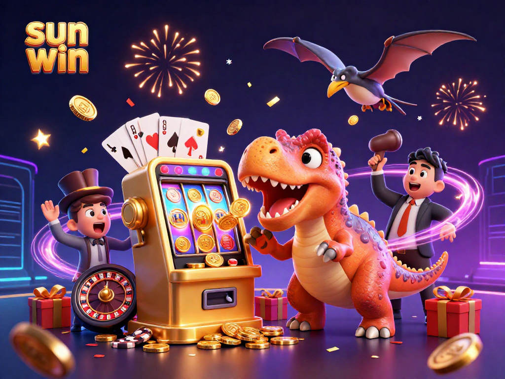 Catch big wins with sun win as characters celebrate jackpots amidst vibrant casino chaos!