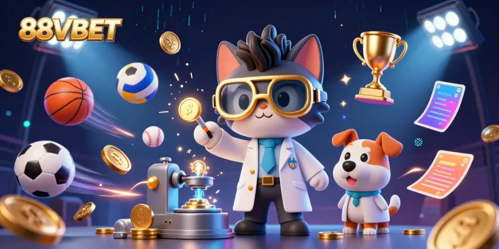 Experience the excitement of 88VBET with a vibrant 3D illustration showcasing a mad scientist cat and loyal dog amidst dynamic sports elements.