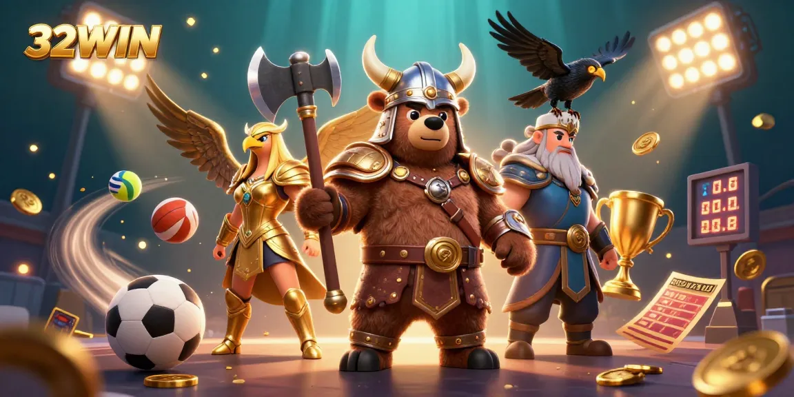 Bet on your favorite sports with 32WIN, showcasing a fierce Viking bear and a Valkyrie eagle in a dynamic casino scene.