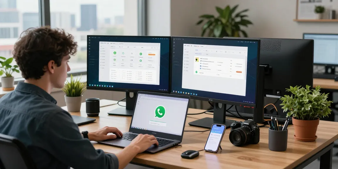 Downloading WhatsApp下載 on a laptop in a modern tech workspace with dual monitors and city view.