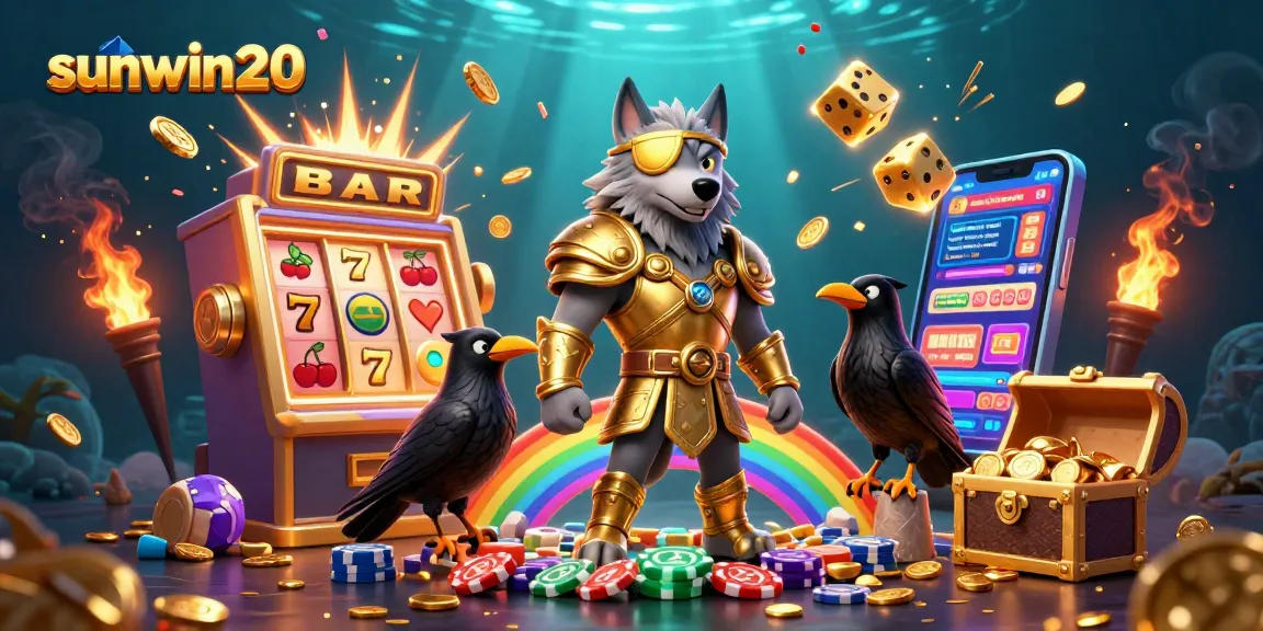 Experience the thrill of sunwin20 with a vibrant 3D illustration showcasing lucky symbols and massive jackpots.