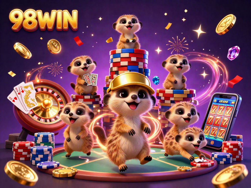 Experience the thrill of 98WIN with cartoon meerkats running a vibrant casino in a lively 3D scene.