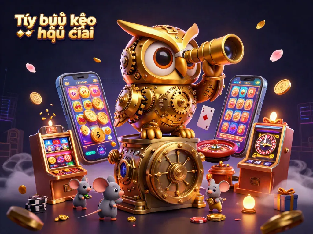 Experience the excitement with Tỷ lệ kèo nhà cái in this dynamic casino scene featuring a golden owl and charming mouse patrons.