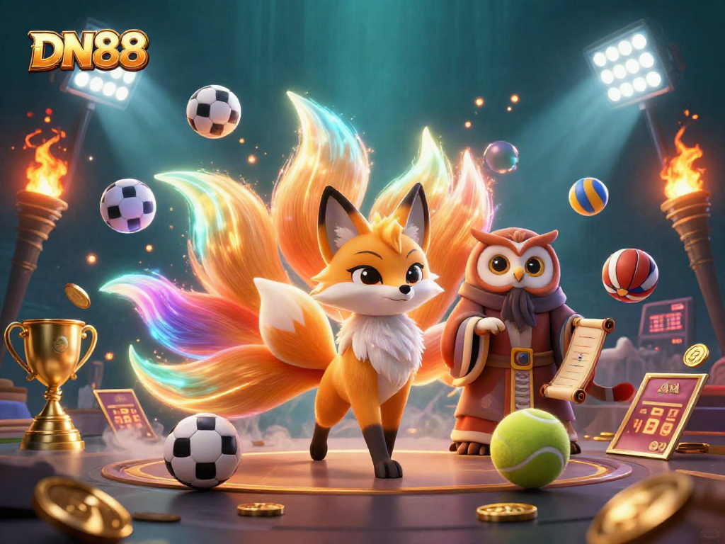 Engage with DN88's vibrant gaming scene featuring colorful characters and dynamic sports elements.