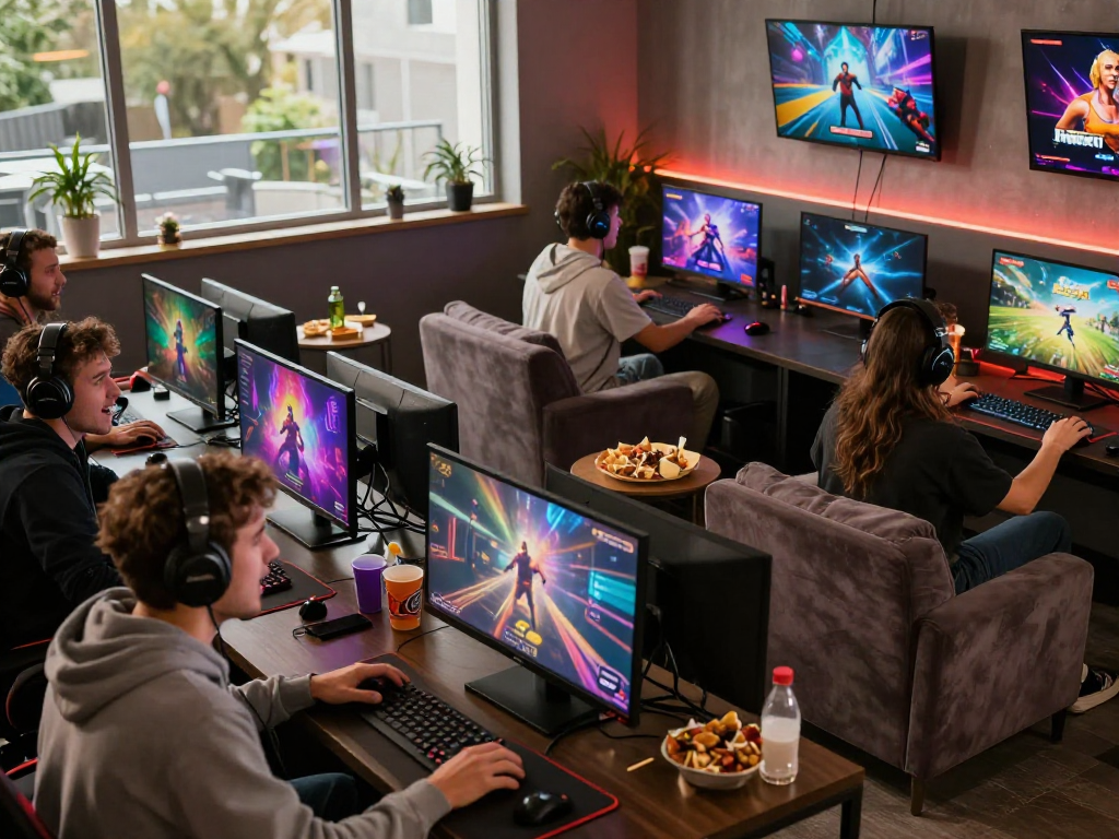 Players enjoying immersive sex simulator games in a cozy lounge.