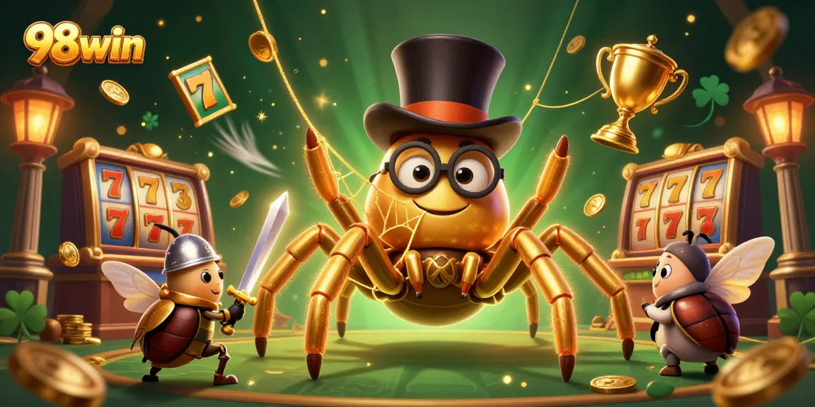 Experience the excitement at 98win as a golden tarantula weaves jackpots with vibrant slot symbols.