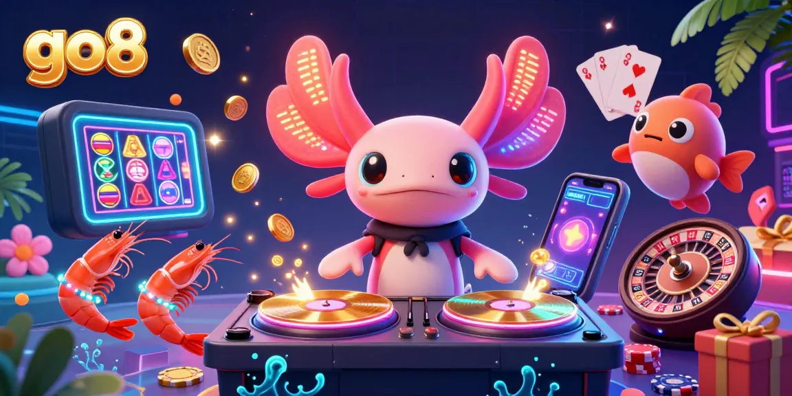 Engage with the vibrant go8 underwater casino scene, featuring an axolotl DJ and lively gaming elements.