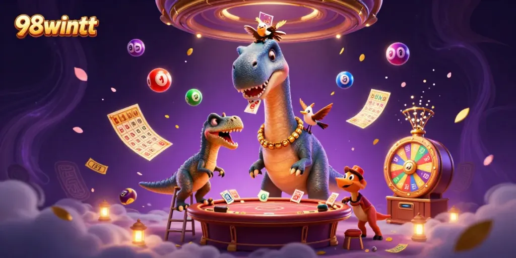 Experience thrilling moments at 98wintt’s vibrant casino featuring a cartoon dinosaur amidst dynamic game elements.