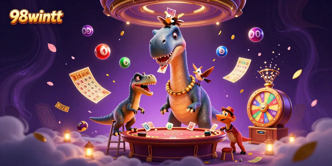 Experience thrilling moments at 98wintt’s vibrant casino featuring a cartoon dinosaur amidst dynamic game elements.