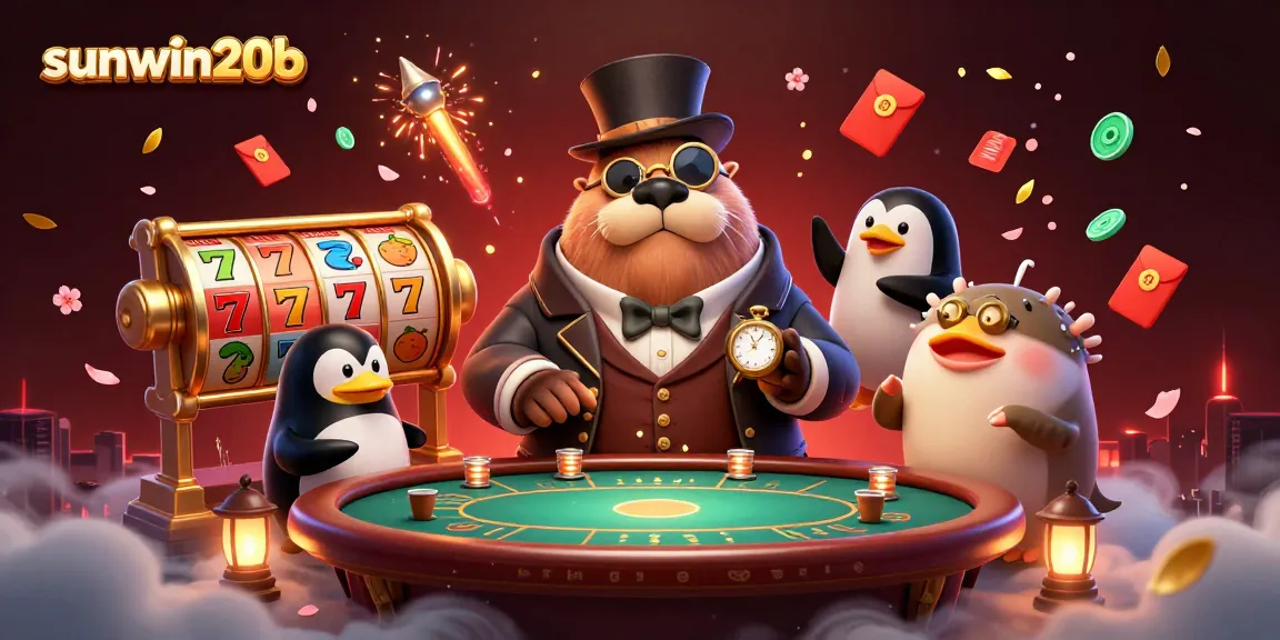 Experience the excitement of sunwin20b with a jolly walrus poker player, luxury game elements, and vibrant casino atmosphere.