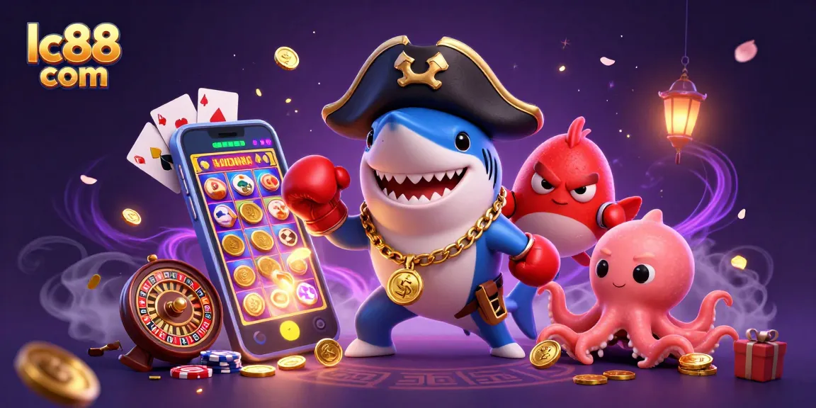 Win big at lc88 com with a pirate shark and friends celebrating in a colorful casino scene!