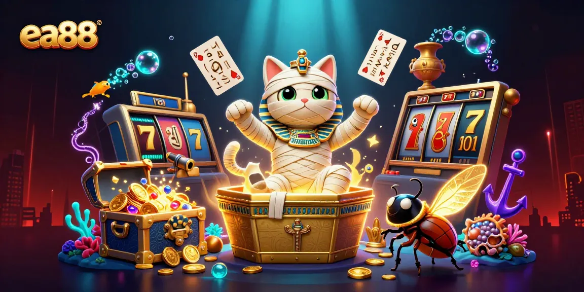 ea88 thrilling slot games come alive with a mummy cat and glowing scarab in a dynamic casino scene.