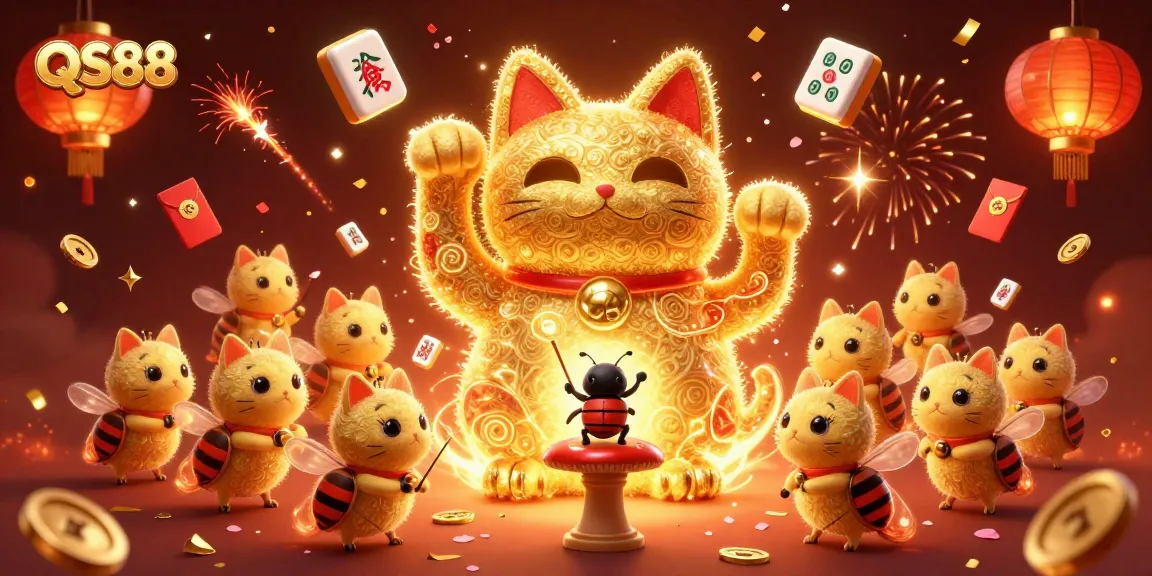 Experience gaming excitement at QS88 with golden fireflies, casino symbols, and festive lanterns.