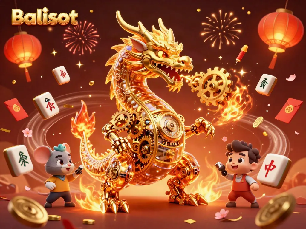 Engage with Balislot's enchanting gaming universe featuring a golden dragon and festive elements.