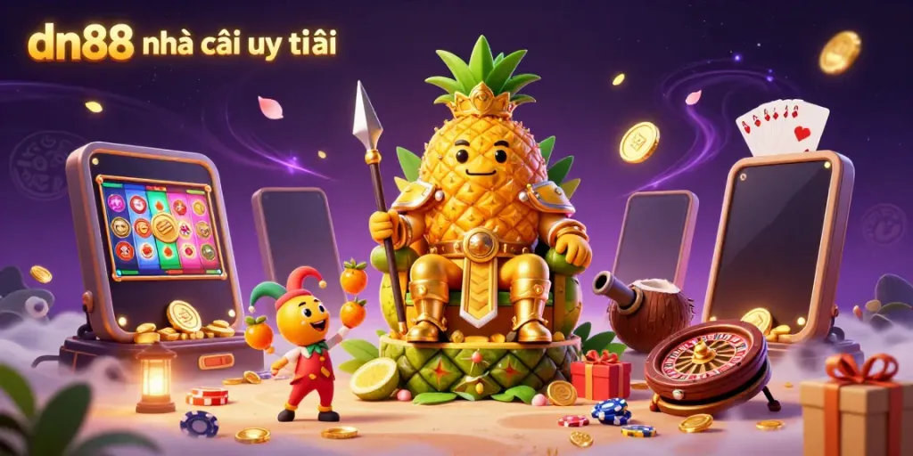 Experience thrilling gameplay with dn88 nhà cái uy tín, featuring a vibrant beach casino scene with a pineapple king, coconuts, and magical elements.