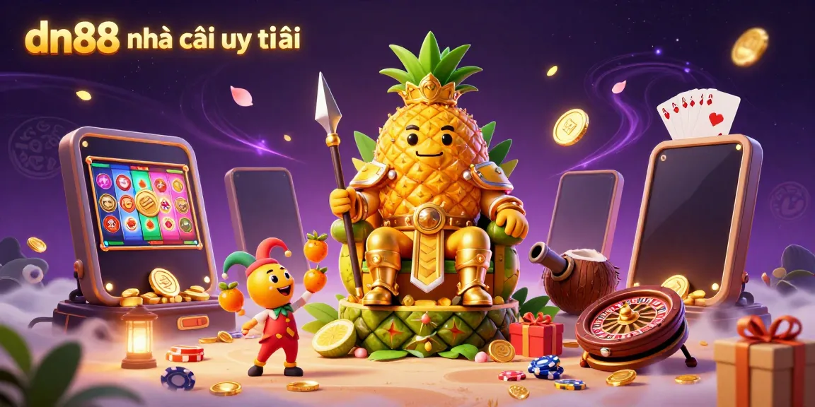 Experience thrilling gameplay with dn88 nhà cái uy tín, featuring a vibrant beach casino scene with a pineapple king, coconuts, and magical elements.