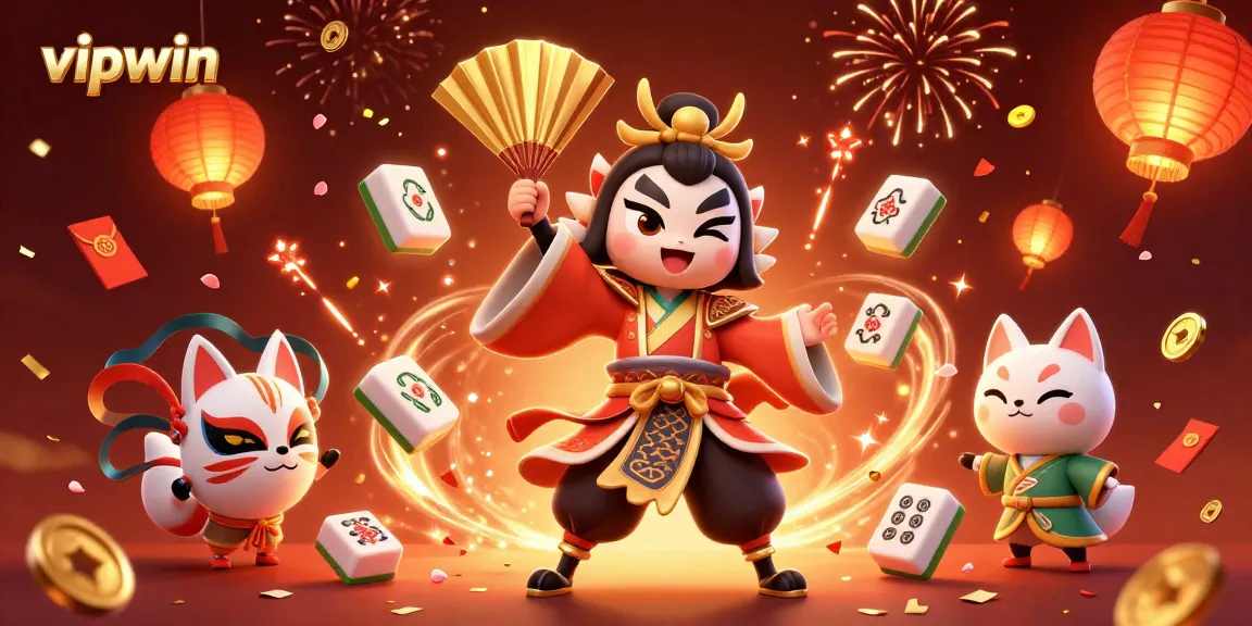 Engage in exciting gaming action at vipwin with dynamic 3D visuals of traditional characters and vibrant casino elements.